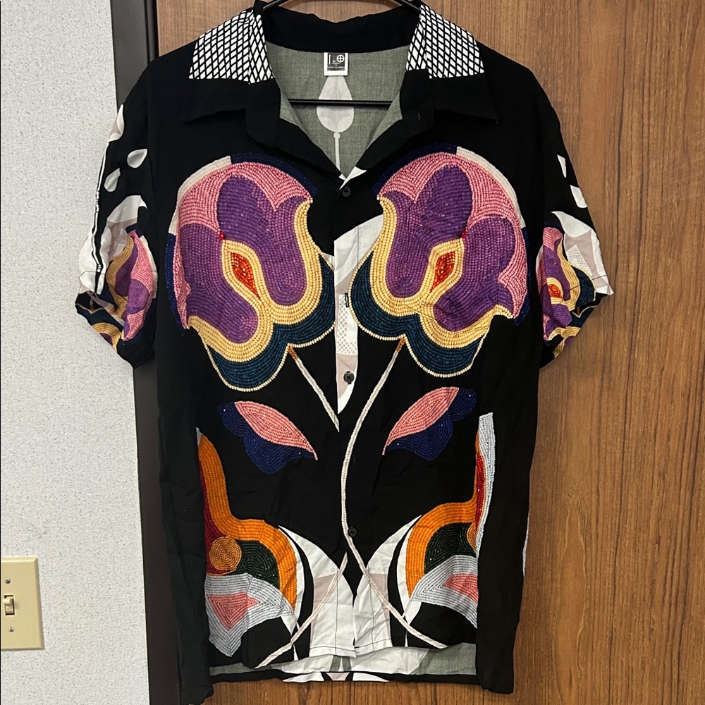 Colorful "Beaded" Floral Button-Up Blouse